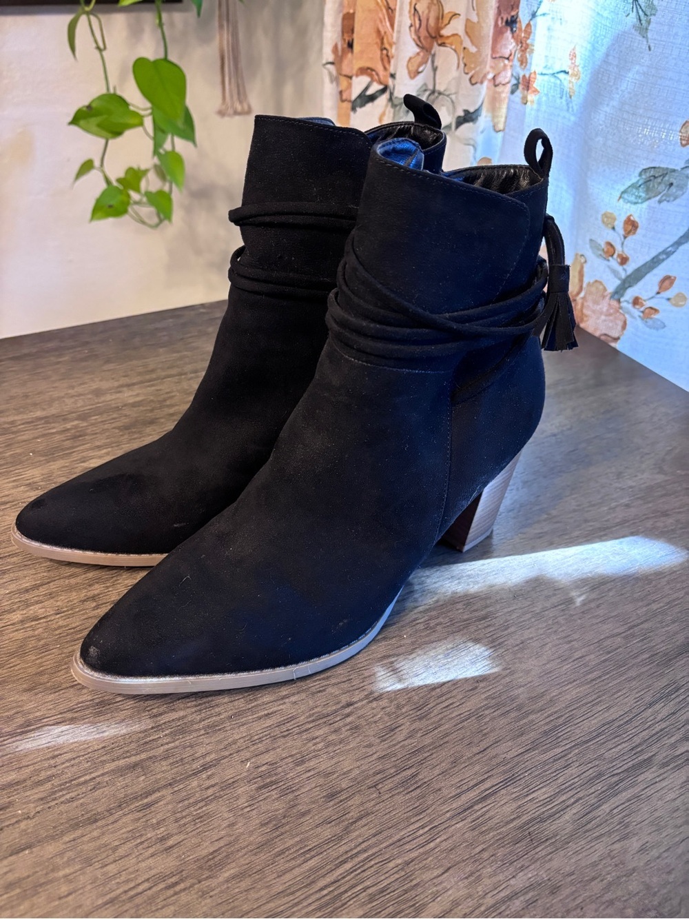 Maurices Black Suede Pointed Toe Ankle Booties with Tassel Wrap